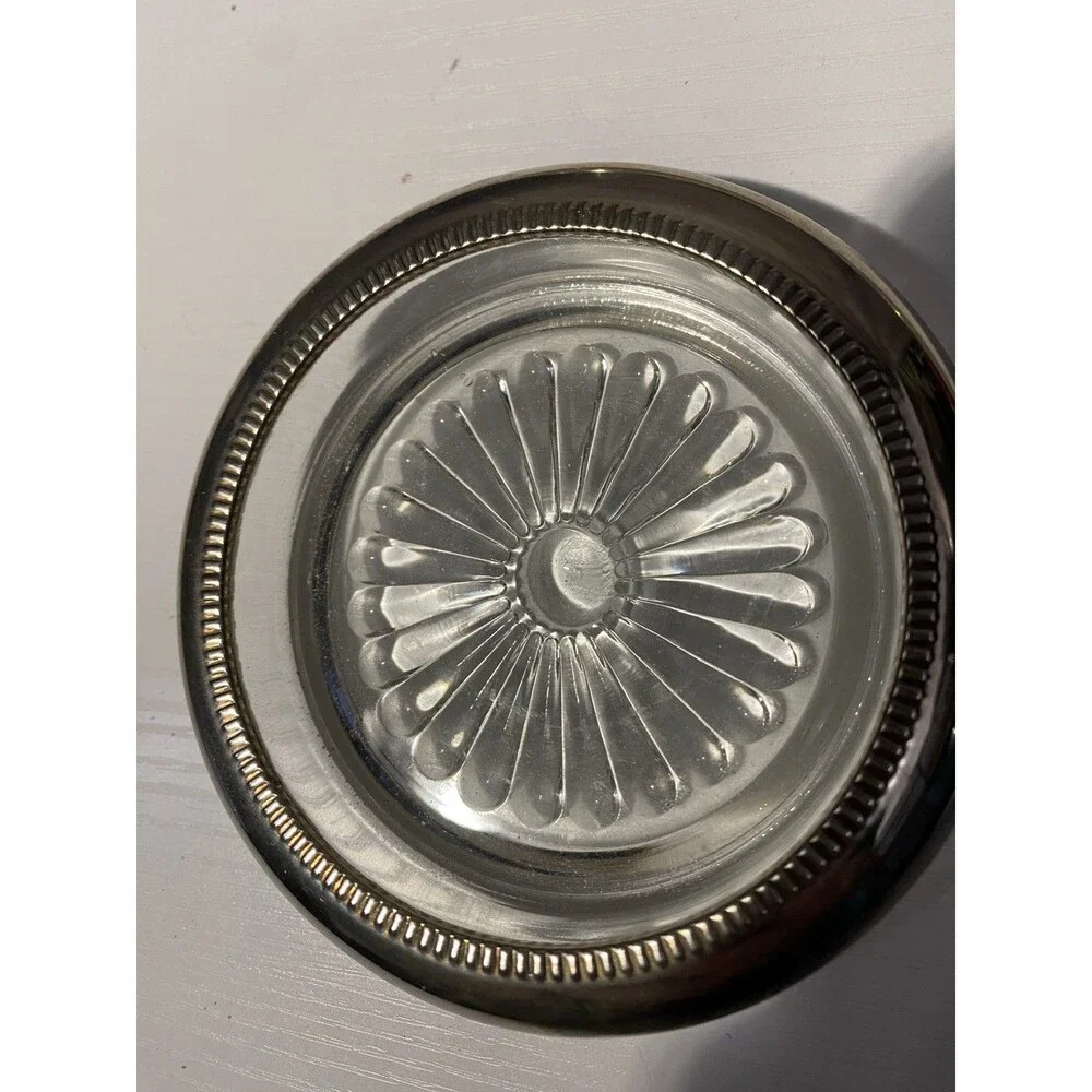 Set of 4 Vintage Silver Rim Glass Coasters Starburst Pattern MCM Italy